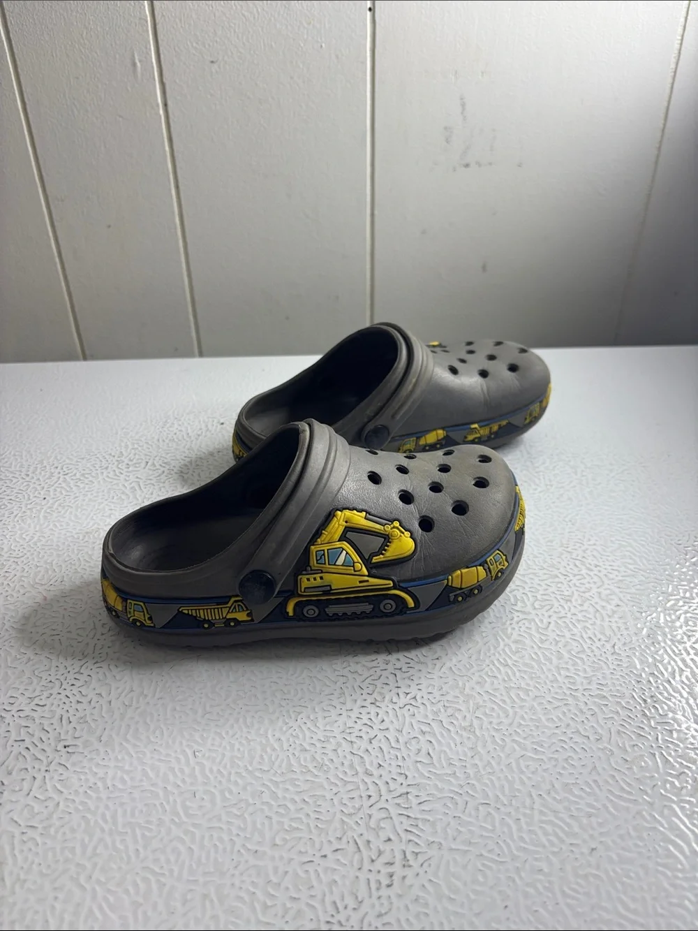 Kids Gray Slip-On Clog with Yellow Construction Design